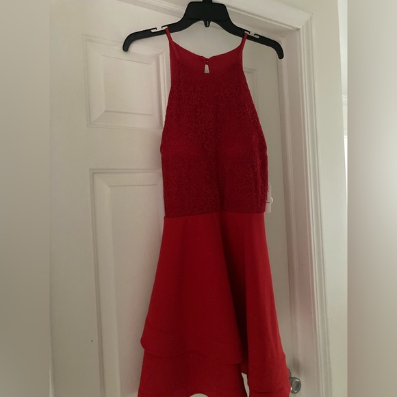 High-Neck Lace-Bodice Double Hem Fit-and-Flare Dress - B. Darlin - Picture 1 of 5